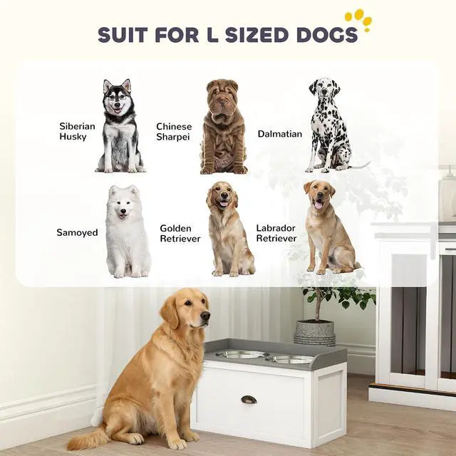 Alt view image 6 of 7 - PawHut Dog Feeding Station with Drawer Dog Food Storage Cabinet White | 2 Removable Elevated Pet Bowls, for Large Sized Breeds