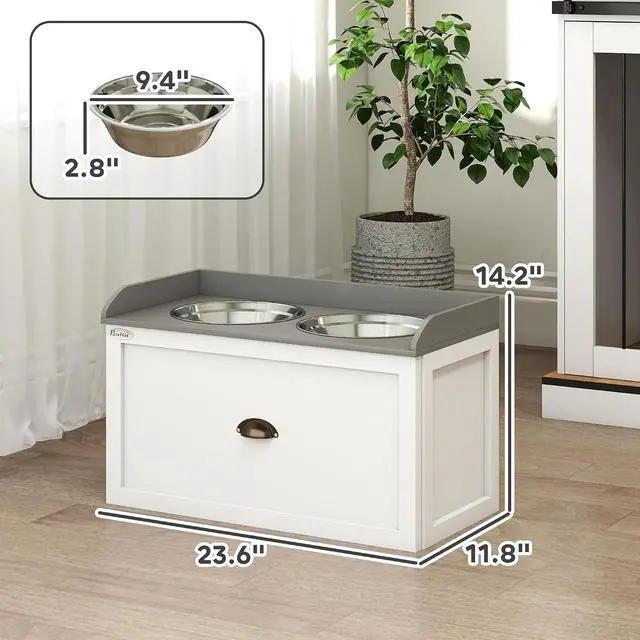 Alt view image 7 of 7 - PawHut Dog Feeding Station with Drawer Dog Food Storage Cabinet White | 2 Removable Elevated Pet Bowls, for Large Sized Breeds