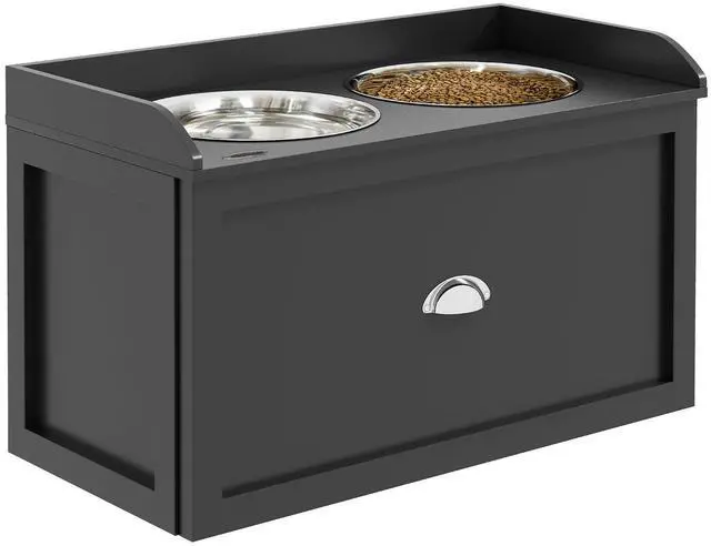 Main image of PawHut Dog Feeding Station with Storage Drawer - Removable Elevated Dog Bowls for Large Dogs, Black | 2 Removable Elevated Pet Bowls, for Large Sized Breeds