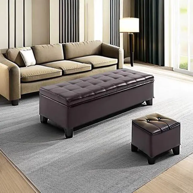 Alt view image 6 of 7 - 51" Ottoman Storage Bench, Tufted Bench for End of Bed, Brown | Faux Leather, Lift Top, for Living Room, Entryway