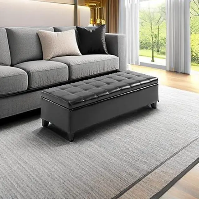 Alt view image 6 of 7 - 51" Ottoman Storage Bench, Tufted Bench for End of Bed, Black | Faux Leather, Lift Top, for Living Room, Entryway