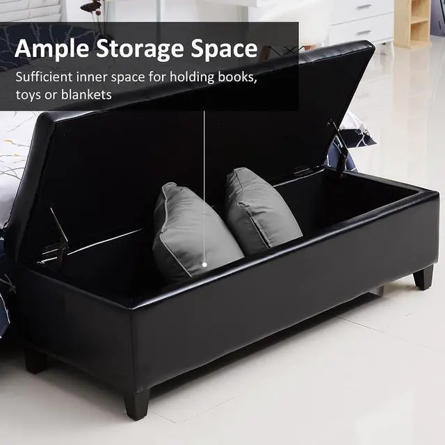 Alt view image 4 of 7 - 51" Ottoman Storage Bench, Tufted Bench for End of Bed, Black | Faux Leather, Lift Top, for Living Room, Entryway