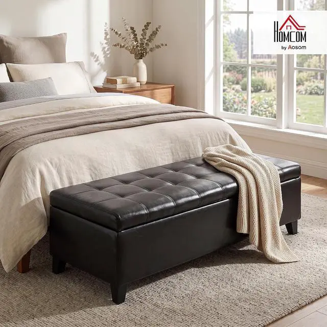 Alt view image 2 of 7 - 51" Ottoman Storage Bench, Tufted Bench for End of Bed, Black | Faux Leather, Lift Top, for Living Room, Entryway