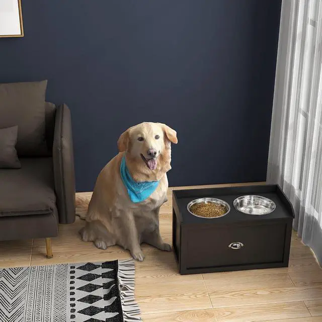 Alt view image 2 of 7 - PawHut Dog Feeding Station with Storage Drawer - Removable Elevated Dog Bowls for Large Dogs, Black | 2 Removable Elevated Pet Bowls, for Large Sized Breeds