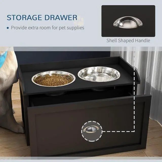 Alt view image 4 of 7 - PawHut Dog Feeding Station with Storage Drawer - Removable Elevated Dog Bowls for Large Dogs, Black | 2 Removable Elevated Pet Bowls, for Large Sized Breeds