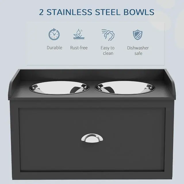 Alt view image 5 of 7 - PawHut Dog Feeding Station with Storage Drawer - Removable Elevated Dog Bowls for Large Dogs, Black | 2 Removable Elevated Pet Bowls, for Large Sized Breeds