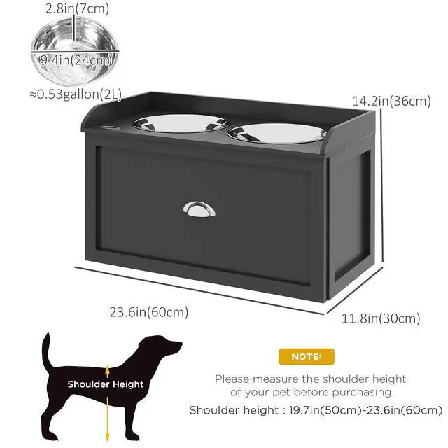 Alt view image 7 of 7 - PawHut Dog Feeding Station with Storage Drawer - Removable Elevated Dog Bowls for Large Dogs, Black | 2 Removable Elevated Pet Bowls, for Large Sized Breeds