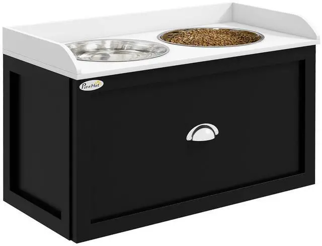 Main image of PawHut Dog Feeding Station with Storage Drawer, Elevated Dog Bowls for Large Dogs, White and Black | 2 Removable Elevated Pet Bowls, for Large Sized Breeds