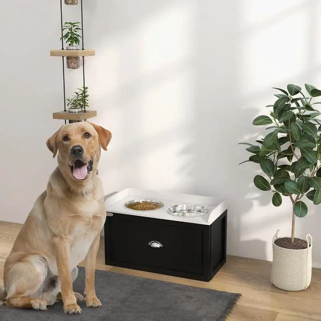 Alt view image 2 of 7 - PawHut Dog Feeding Station with Storage Drawer, Elevated Dog Bowls for Large Dogs, White and Black | 2 Removable Elevated Pet Bowls, for Large Sized Breeds