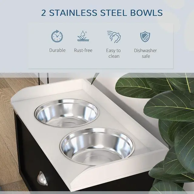 Alt view image 5 of 7 - PawHut Dog Feeding Station with Storage Drawer, Elevated Dog Bowls for Large Dogs, White and Black | 2 Removable Elevated Pet Bowls, for Large Sized Breeds