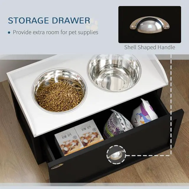 Alt view image 4 of 7 - PawHut Dog Feeding Station with Storage Drawer, Elevated Dog Bowls for Large Dogs, White and Black | 2 Removable Elevated Pet Bowls, for Large Sized Breeds