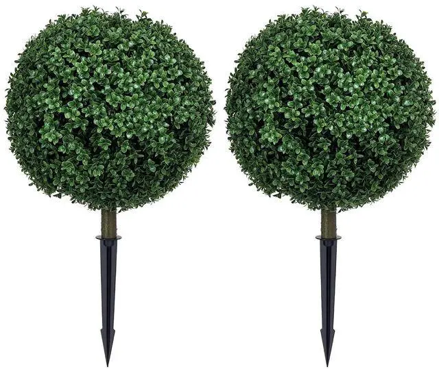 Main image of 1.3ft (15.7") Artificial Boxwood Topiary Ball Bush Set of 2 | Integrated Ground Stake, Indoor Outdoor UV Resistant Faux Greenery, Faux Plants for Garden, Porch, Balcony