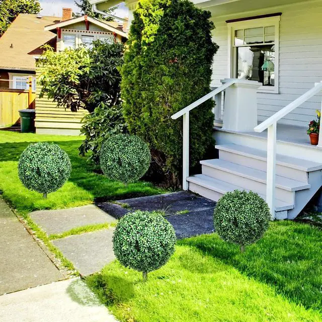 Alt view image 2 of 7 - 1.3ft (15.7") Artificial Boxwood Topiary Ball Bush Set of 2 | Integrated Ground Stake, Indoor Outdoor UV Resistant Faux Greenery, Faux Plants for Garden, Porch, Balcony