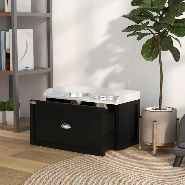 Alt view image 6 of 7 - PawHut Dog Feeding Station with Storage Drawer, Elevated Dog Bowls for Large Dogs, White and Black | 2 Removable Elevated Pet Bowls, for Large Sized Breeds