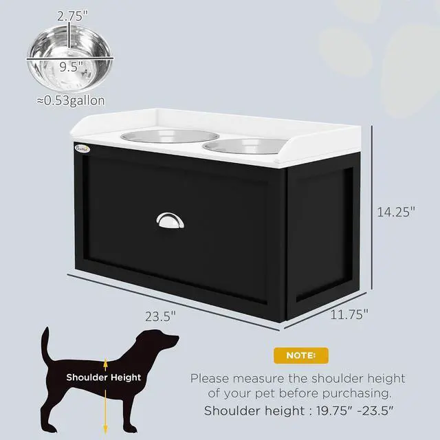 Alt view image 7 of 7 - PawHut Dog Feeding Station with Storage Drawer, Elevated Dog Bowls for Large Dogs, White and Black | 2 Removable Elevated Pet Bowls, for Large Sized Breeds