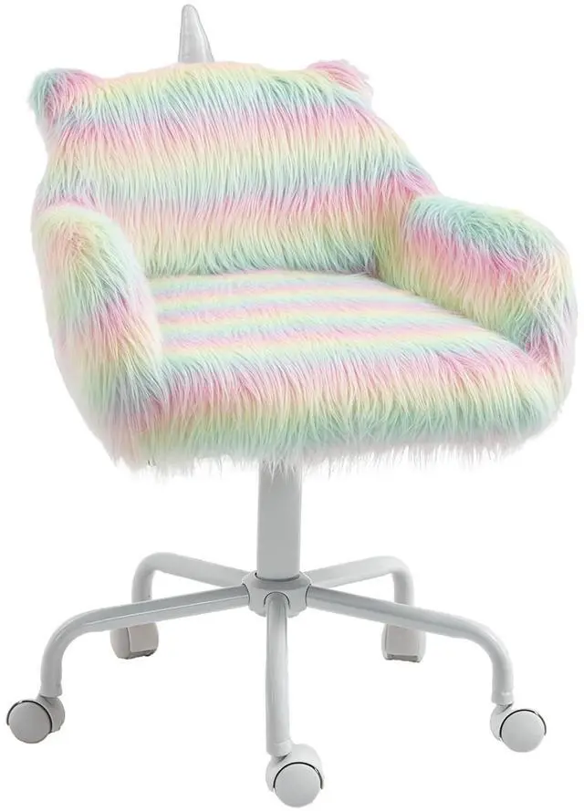 Main image of Fluffy Unicorn Office Chair, Mid-Back Support, Rainbow | with Armrest Support, 5 Star Swivel Wheel, White Base