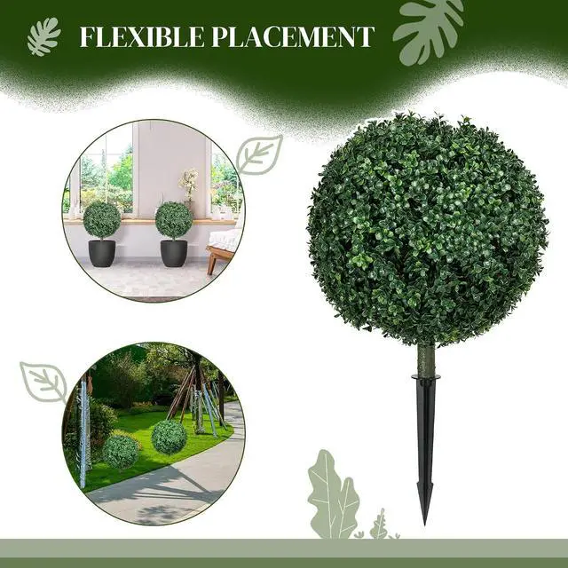 Alt view image 3 of 7 - 1.3ft (15.7") Artificial Boxwood Topiary Ball Bush Set of 2 | Integrated Ground Stake, Indoor Outdoor UV Resistant Faux Greenery, Faux Plants for Garden, Porch, Balcony