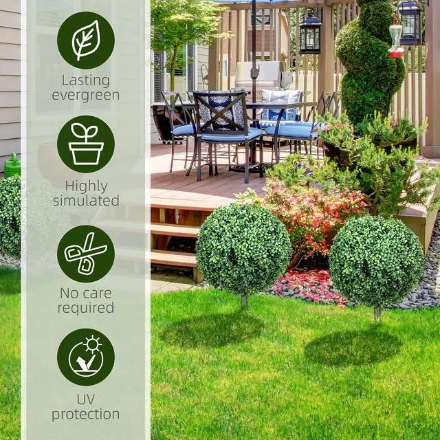 Alt view image 5 of 7 - 1.3ft (15.7") Artificial Boxwood Topiary Ball Bush Set of 2 | Integrated Ground Stake, Indoor Outdoor UV Resistant Faux Greenery, Faux Plants for Garden, Porch, Balcony