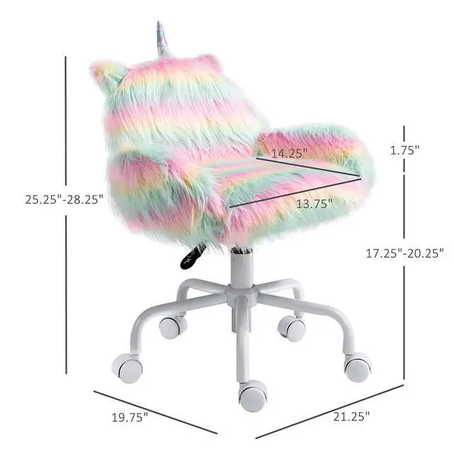 Alt view image 3 of 7 - Fluffy Unicorn Office Chair, Mid-Back Support, Rainbow | with Armrest Support, 5 Star Swivel Wheel, White Base