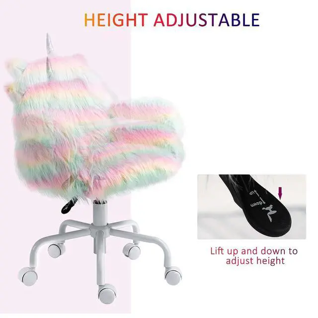 Alt view image 4 of 7 - Fluffy Unicorn Office Chair, Mid-Back Support, Rainbow | with Armrest Support, 5 Star Swivel Wheel, White Base