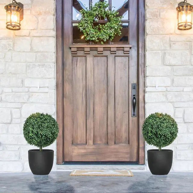 Alt view image 6 of 7 - 1.3ft (15.7") Artificial Boxwood Topiary Ball Bush Set of 2 | Integrated Ground Stake, Indoor Outdoor UV Resistant Faux Greenery, Faux Plants for Garden, Porch, Balcony