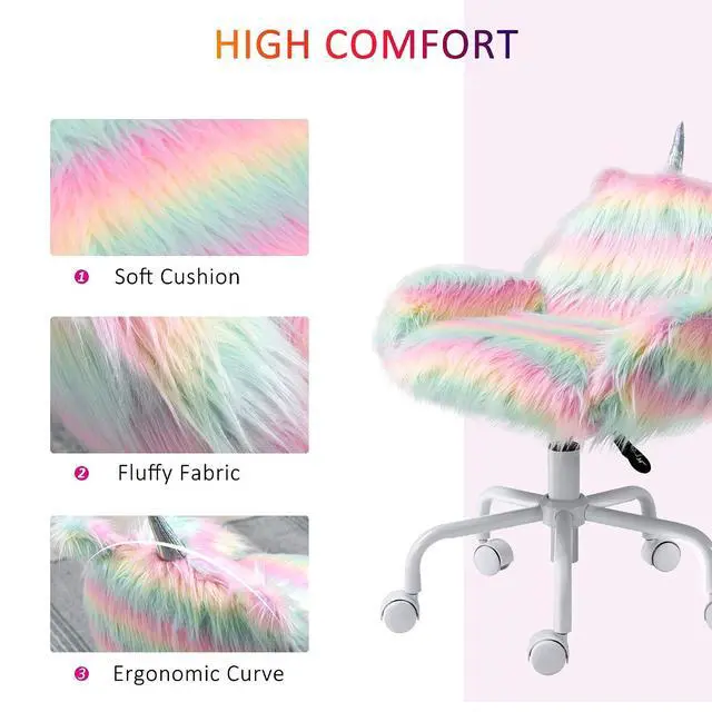 Alt view image 5 of 7 - Fluffy Unicorn Office Chair, Mid-Back Support, Rainbow | with Armrest Support, 5 Star Swivel Wheel, White Base