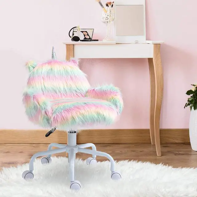 Alt view image 7 of 7 - Fluffy Unicorn Office Chair, Mid-Back Support, Rainbow | with Armrest Support, 5 Star Swivel Wheel, White Base