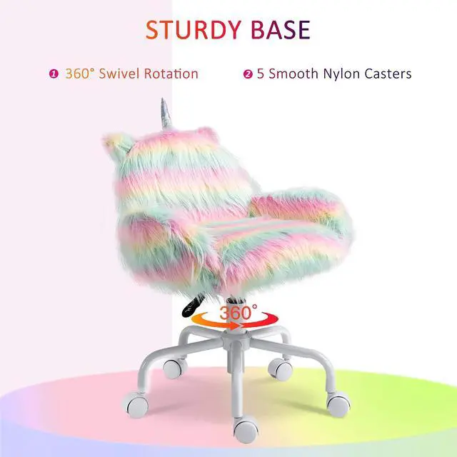Alt view image 6 of 7 - Fluffy Unicorn Office Chair, Mid-Back Support, Rainbow | with Armrest Support, 5 Star Swivel Wheel, White Base