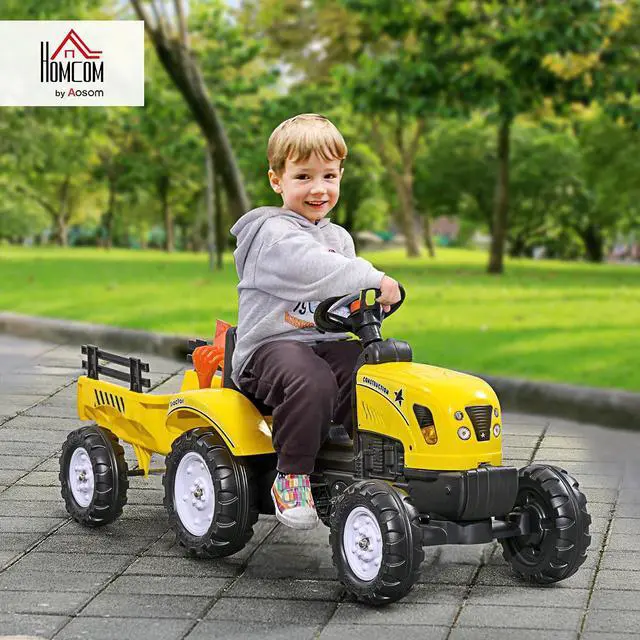 Alt view image 2 of 7 - Kids Ride on Farm Tractor Manual Pedal for Age 3 Years Old Yellow | Ride on Car, Back Storage Trailer, Shovel & Rake, Horn