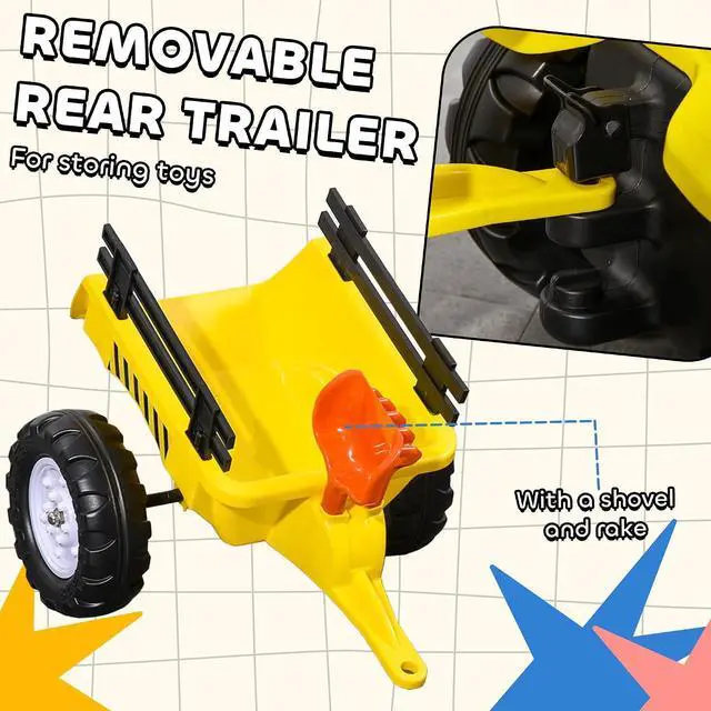Alt view image 4 of 7 - Kids Ride on Farm Tractor Manual Pedal for Age 3 Years Old Yellow | Ride on Car, Back Storage Trailer, Shovel & Rake, Horn