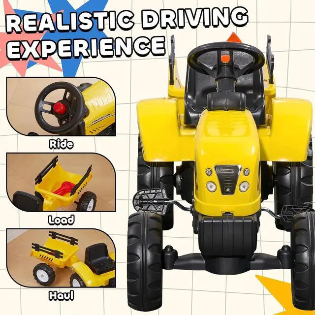 Alt view image 3 of 7 - Kids Ride on Farm Tractor Manual Pedal for Age 3 Years Old Yellow | Ride on Car, Back Storage Trailer, Shovel & Rake, Horn