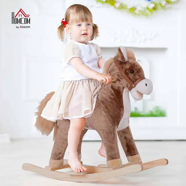 Alt view image 2 of 7 - Qaba Kids Rocking Horse Ride on Horse for Toddlers Soft Plush Body Brown | Wooden Base & Handle Grip, for 3+ Year Old Boys and Girls