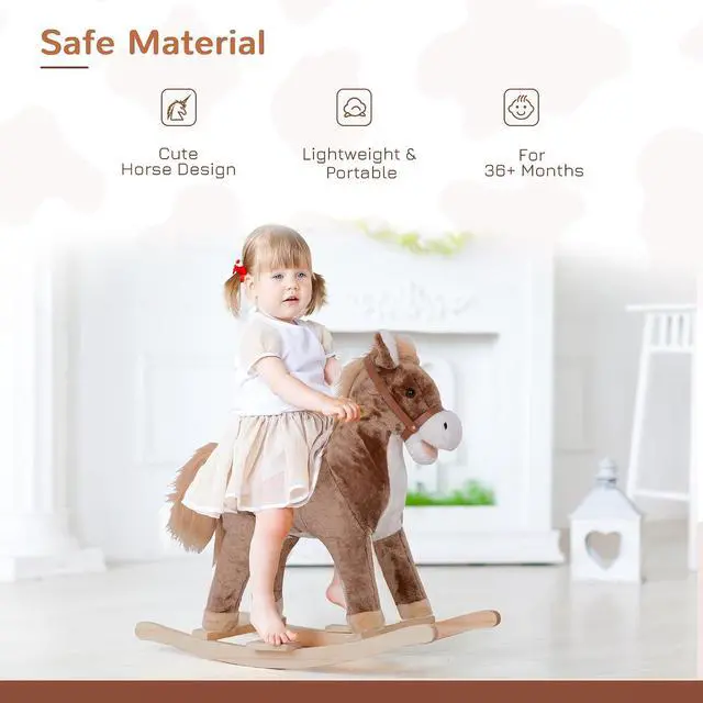 Alt view image 3 of 7 - Qaba Kids Rocking Horse Ride on Horse for Toddlers Soft Plush Body Brown | Wooden Base & Handle Grip, for 3+ Year Old Boys and Girls