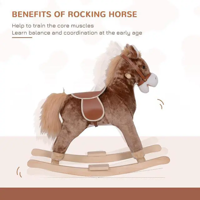 Alt view image 4 of 7 - Qaba Kids Rocking Horse Ride on Horse for Toddlers Soft Plush Body Brown | Wooden Base & Handle Grip, for 3+ Year Old Boys and Girls