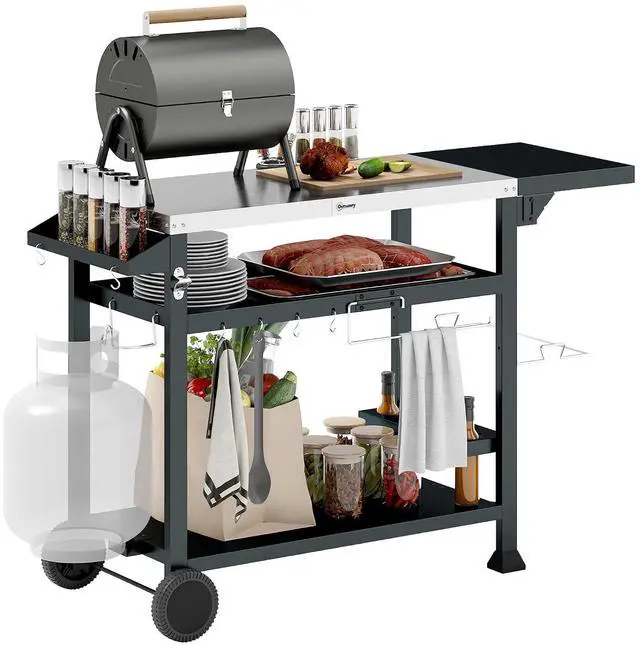 Main image of Outdoor Grill Cart with Foldable Side Table 46" x 21.75" Black | Multifunctional Stainless Steel Pizza Oven Stand, Three-Shelf, Movable Food Prep Table on Wheels