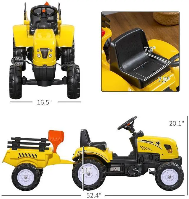 Alt view image 7 of 7 - Kids Ride on Farm Tractor Manual Pedal for Age 3 Years Old Yellow | Ride on Car, Back Storage Trailer, Shovel & Rake, Horn