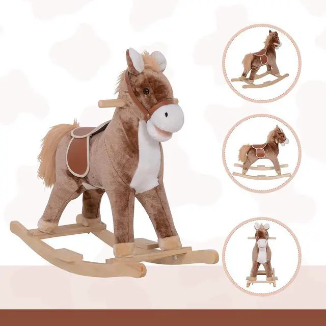 Alt view image 6 of 7 - Qaba Kids Rocking Horse Ride on Horse for Toddlers Soft Plush Body Brown | Wooden Base & Handle Grip, for 3+ Year Old Boys and Girls