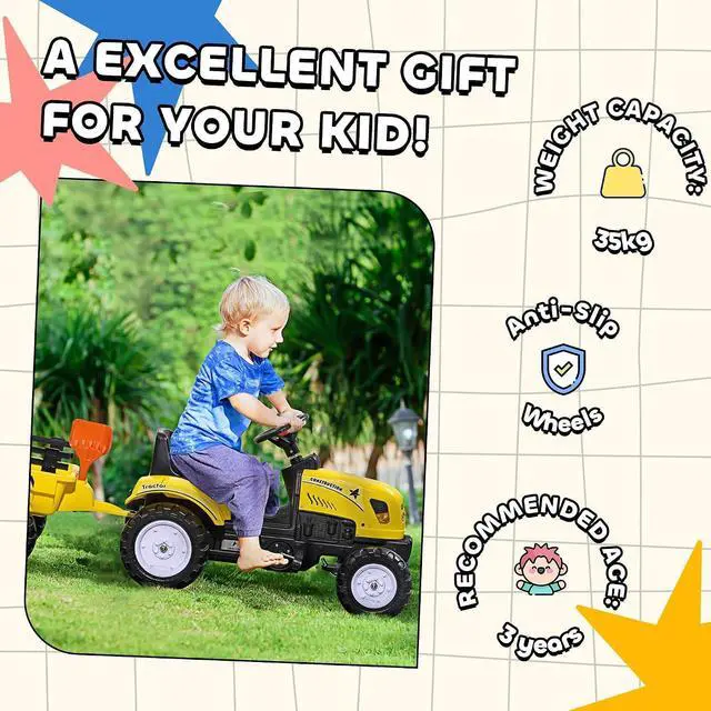 Alt view image 6 of 7 - Kids Ride on Farm Tractor Manual Pedal for Age 3 Years Old Yellow | Ride on Car, Back Storage Trailer, Shovel & Rake, Horn