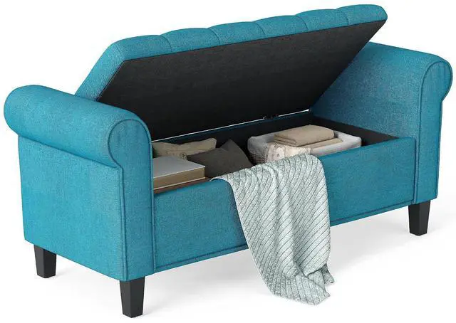 Main image of Storage Ottoman Bench 50" with Lift Top Lid, Teal | Button Tufted Upholstered, Rolled Arms, Snow Flannel Fabric End of Bed Bench for Bedroom Entryway Living Room, 485 lbs