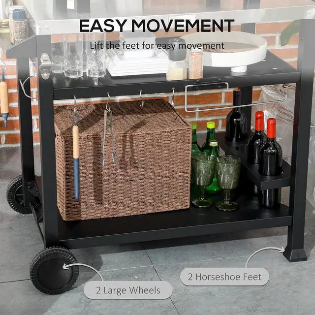 Alt view image 3 of 7 - Outdoor Grill Cart with Foldable Side Table 46" x 21.75" Black | Multifunctional Stainless Steel Pizza Oven Stand, Three-Shelf, Movable Food Prep Table on Wheels