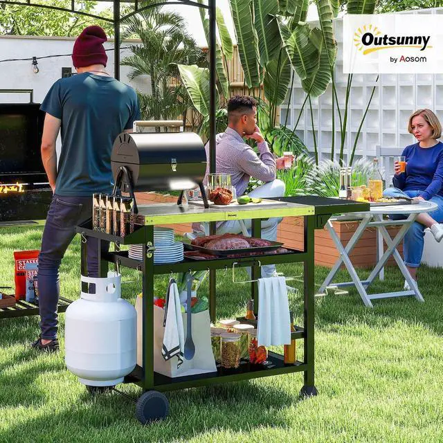Alt view image 2 of 7 - Outdoor Grill Cart with Foldable Side Table 46" x 21.75" Black | Multifunctional Stainless Steel Pizza Oven Stand, Three-Shelf, Movable Food Prep Table on Wheels