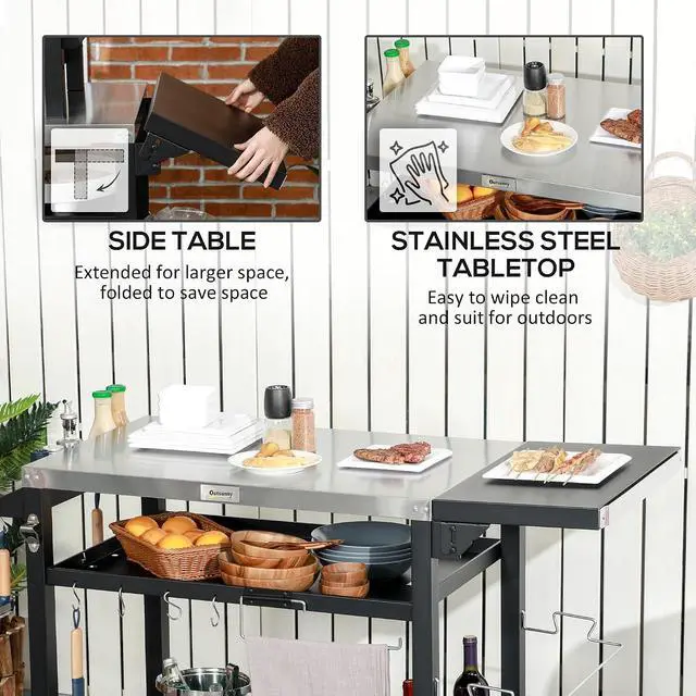 Alt view image 4 of 7 - Outdoor Grill Cart with Foldable Side Table 46" x 21.75" Black | Multifunctional Stainless Steel Pizza Oven Stand, Three-Shelf, Movable Food Prep Table on Wheels