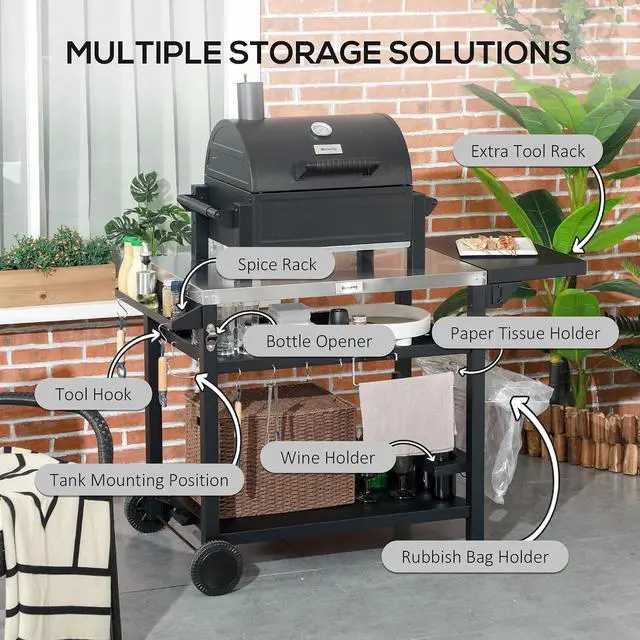 Alt view image 5 of 7 - Outdoor Grill Cart with Foldable Side Table 46" x 21.75" Black | Multifunctional Stainless Steel Pizza Oven Stand, Three-Shelf, Movable Food Prep Table on Wheels
