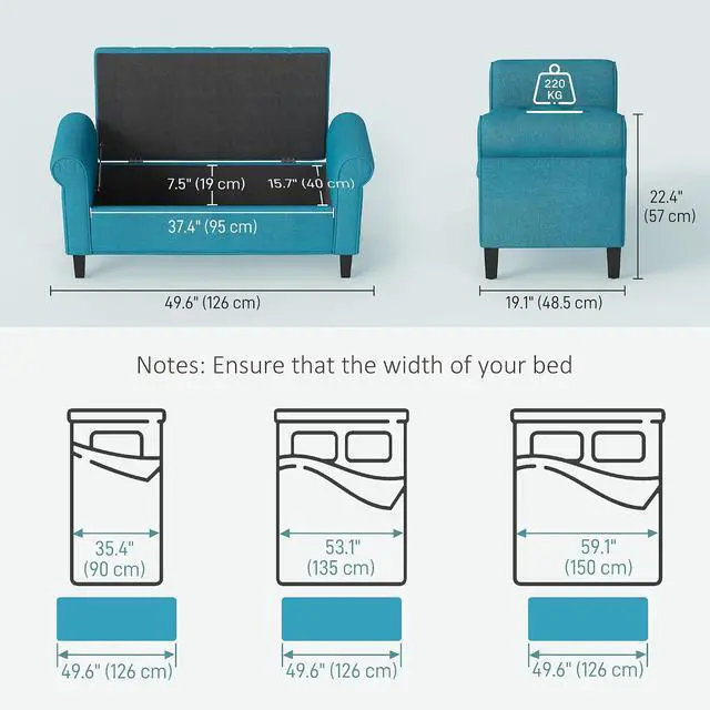 Alt view image 3 of 7 - Storage Ottoman Bench 50" with Lift Top Lid, Teal | Button Tufted Upholstered, Rolled Arms, Snow Flannel Fabric End of Bed Bench for Bedroom Entryway Living Room, 485 lbs