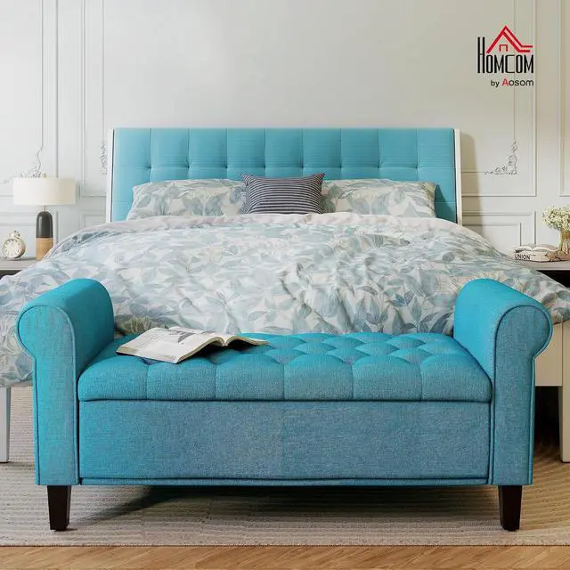 Alt view image 2 of 7 - Storage Ottoman Bench 50" with Lift Top Lid, Teal | Button Tufted Upholstered, Rolled Arms, Snow Flannel Fabric End of Bed Bench for Bedroom Entryway Living Room, 485 lbs