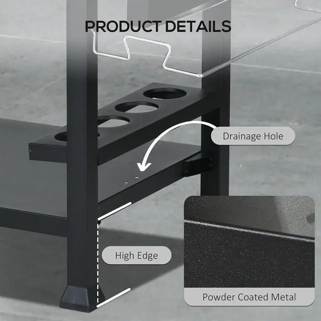 Alt view image 6 of 7 - Outdoor Grill Cart with Foldable Side Table 46" x 21.75" Black | Multifunctional Stainless Steel Pizza Oven Stand, Three-Shelf, Movable Food Prep Table on Wheels