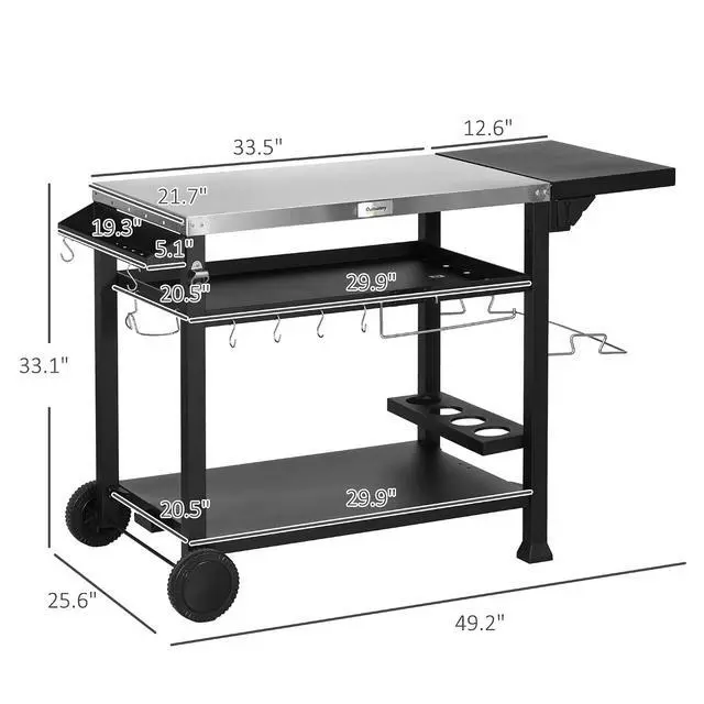 Alt view image 7 of 7 - Outdoor Grill Cart with Foldable Side Table 46" x 21.75" Black | Multifunctional Stainless Steel Pizza Oven Stand, Three-Shelf, Movable Food Prep Table on Wheels