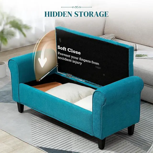 Alt view image 4 of 7 - Storage Ottoman Bench 50" with Lift Top Lid, Teal | Button Tufted Upholstered, Rolled Arms, Snow Flannel Fabric End of Bed Bench for Bedroom Entryway Living Room, 485 lbs