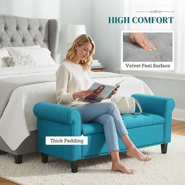 Alt view image 5 of 7 - Storage Ottoman Bench 50" with Lift Top Lid, Teal | Button Tufted Upholstered, Rolled Arms, Snow Flannel Fabric End of Bed Bench for Bedroom Entryway Living Room, 485 lbs