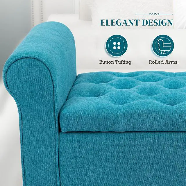 Alt view image 6 of 7 - Storage Ottoman Bench 50" with Lift Top Lid, Teal | Button Tufted Upholstered, Rolled Arms, Snow Flannel Fabric End of Bed Bench for Bedroom Entryway Living Room, 485 lbs